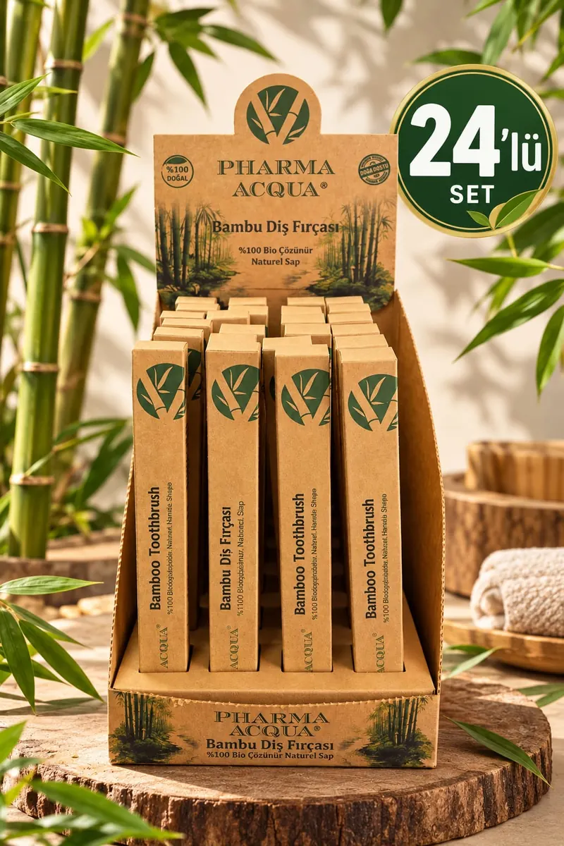 Pharma Acqua 24'lü bambu diş fırçası seti, ahşap kütük üzerinde