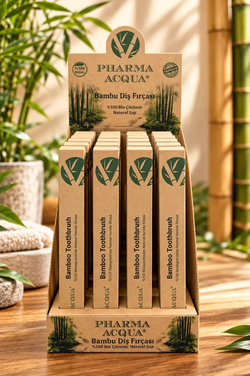Pharma Acqua bambu diş fırçası 24'lü kraft teşhir standı, önden görünüm