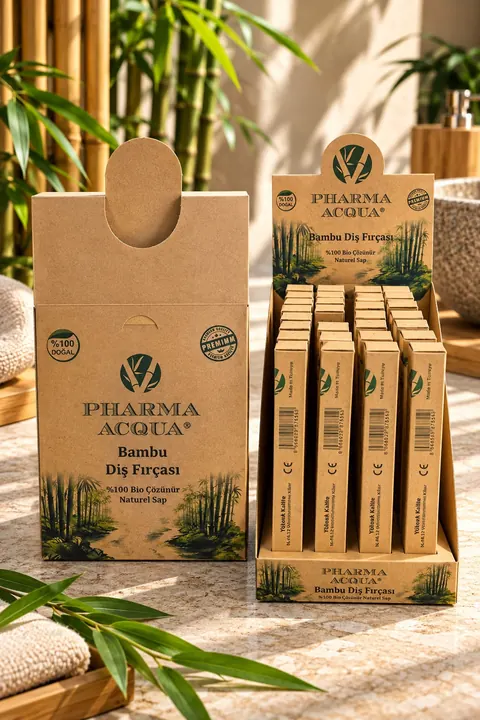 Açılmış Pharma Acqua kolisi ve barkodlu bambu diş fırçası kutuları