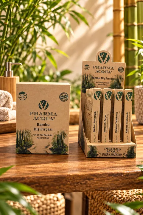 Ahşap tezgâh üzerinde Pharma Acqua bambu diş fırçası kolisi ve standı