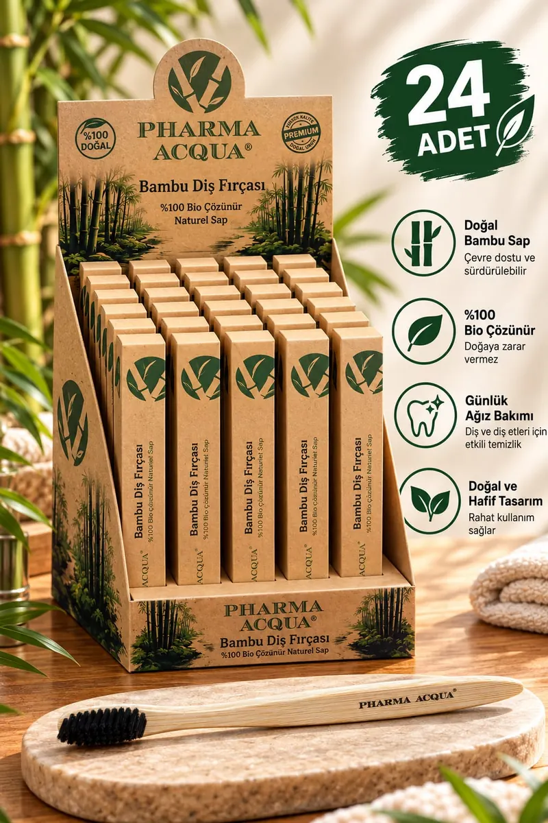 24 adet Pharma Acqua bambu diş fırçası standı ve önünde siyah kıllı bambu saplı fırça